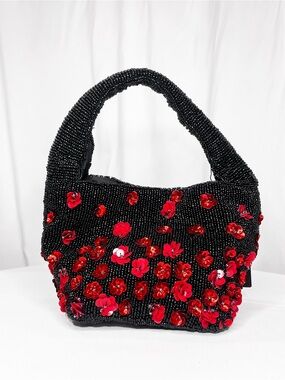 NWT • Black Beaded Bag With Red Sequin Poppy Flowers • Black & Red Beaded Purse
